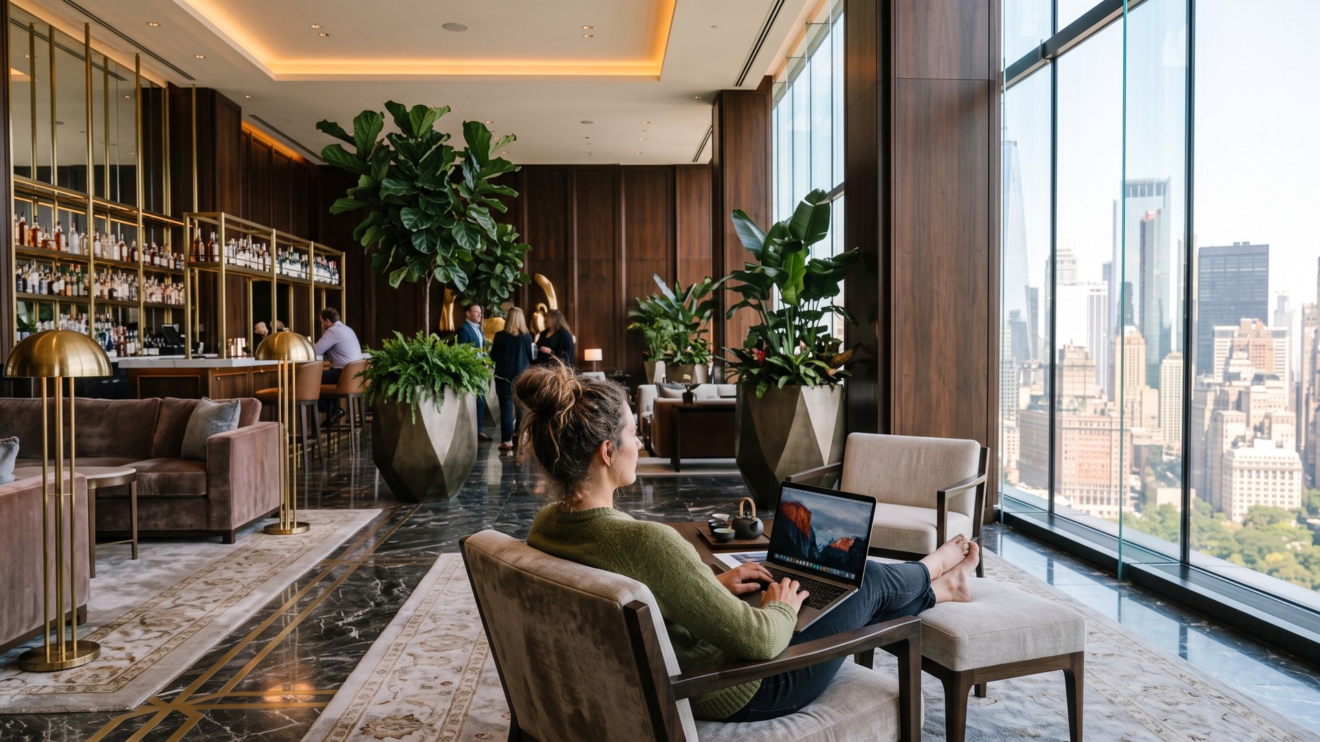 A freelancer reviewing rates on a laptop while working from a hotel lobby