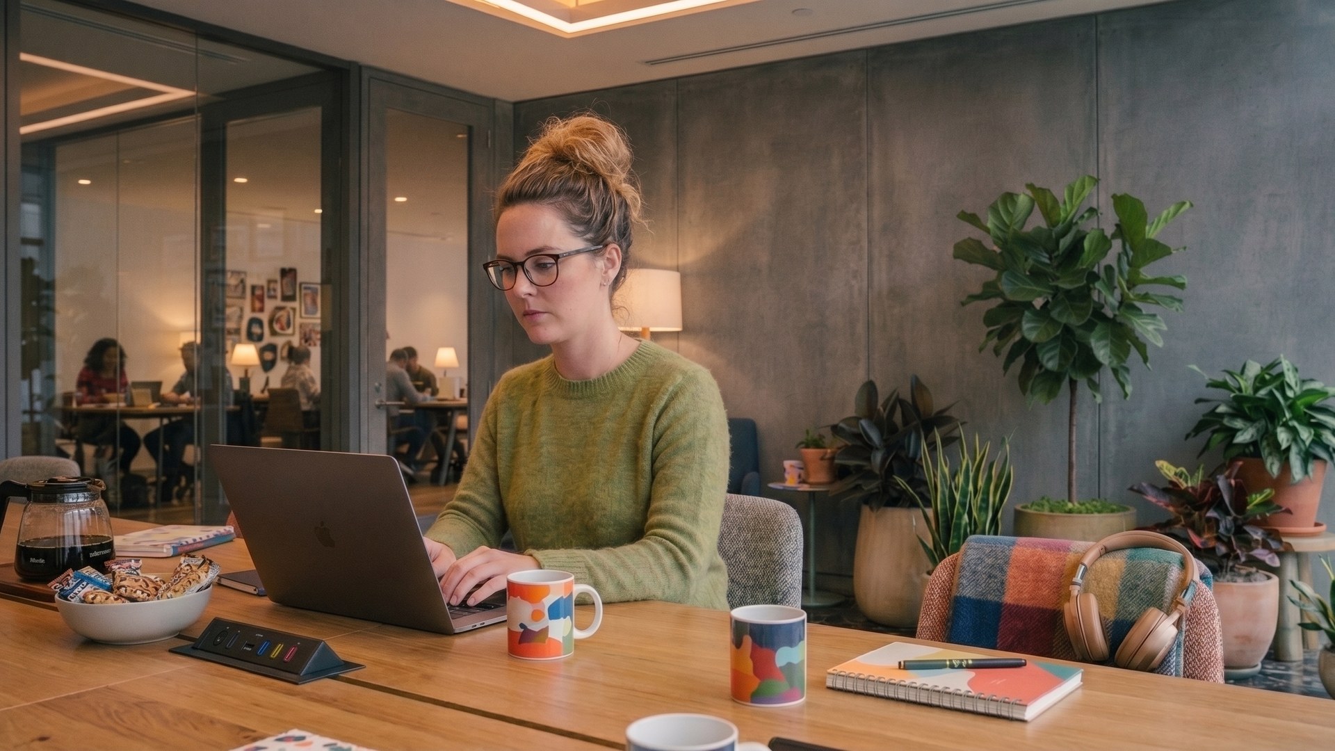 A freelancer working from a coworking space, tracking hours between tasks